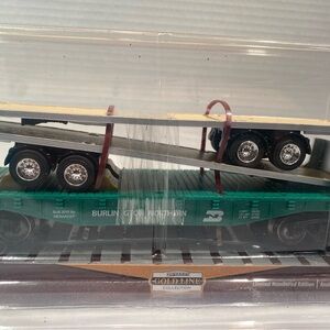Menards Burlington northern flatcar with 2 flatbed trailers